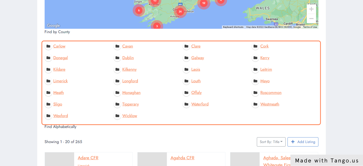 Search via Map , County or Alphabetically