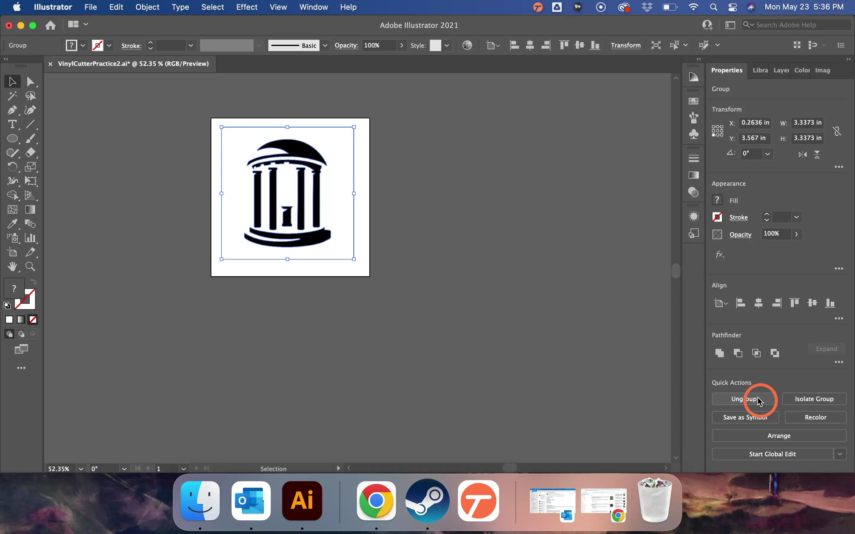 Click 'Ungroup' to ungroup your traced elements