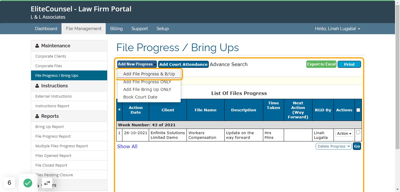 Click on Add File Progress & B/Up button