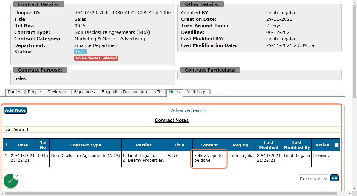 Contract note is saved as shown below containing all the details i.e. title, party, contract type etc as shown below.