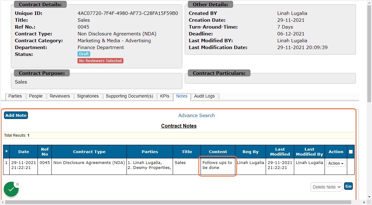 Contract note is saved as shown below containing all the details i.e. title, party, contract type etc as shown below.