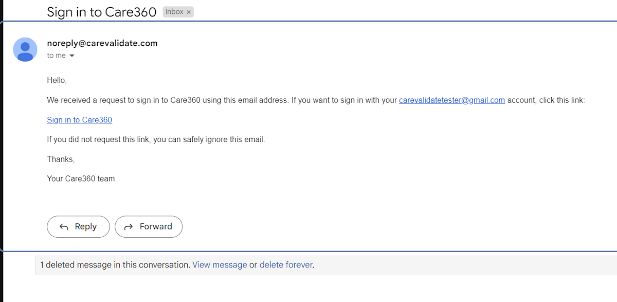 Here is what the email should look like! Click on "Sign in to Care360"!