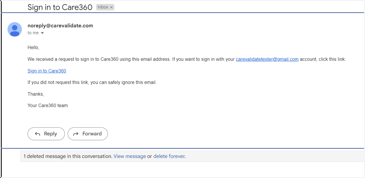 Here is what the email should look like! Click on "Sign in to Care360"!