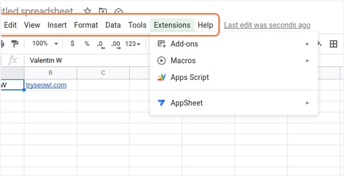 Open a spreadsheet and click on Extensions > Apps Script