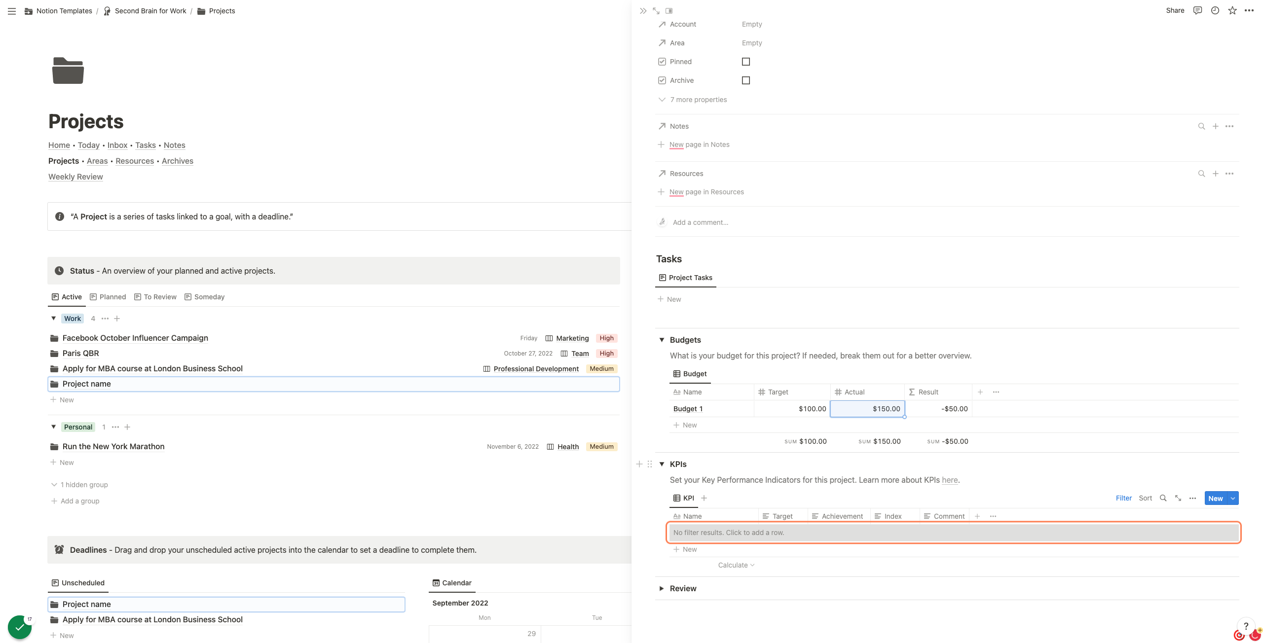 Click to add a new row with a KPI