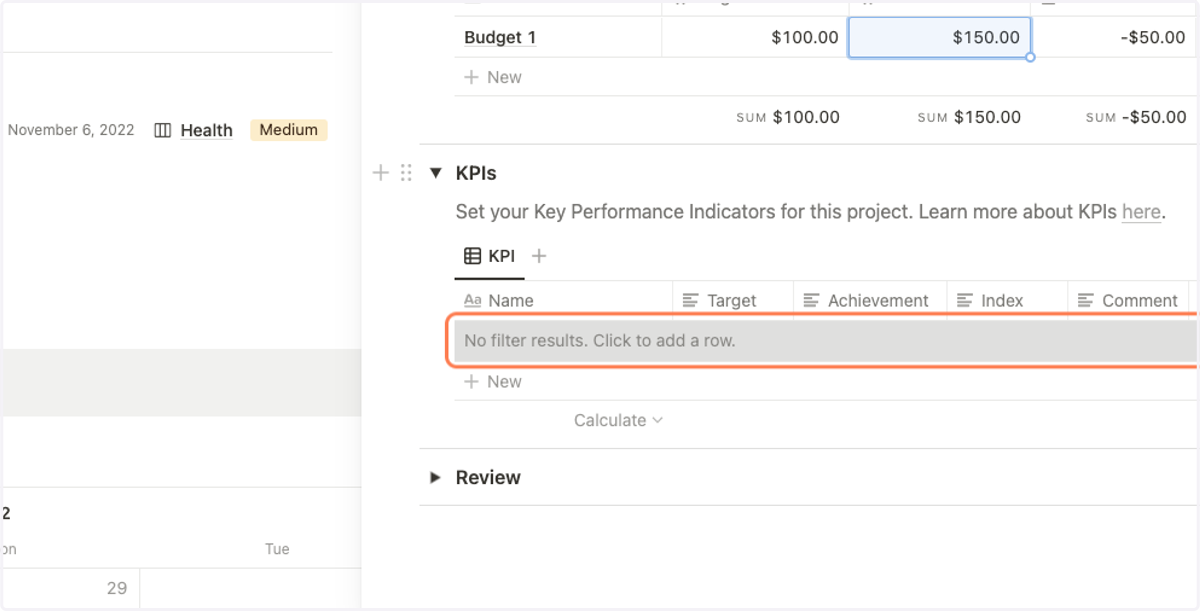 Click to add a new row with a KPI