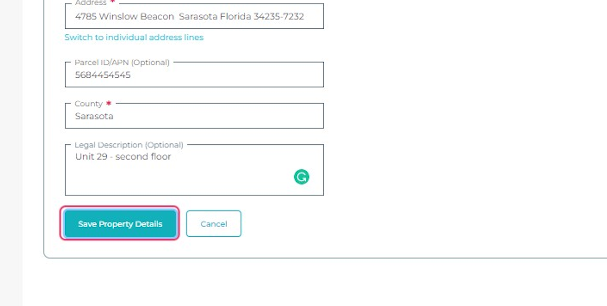 Complete the fields and click on the Save Property Details button.