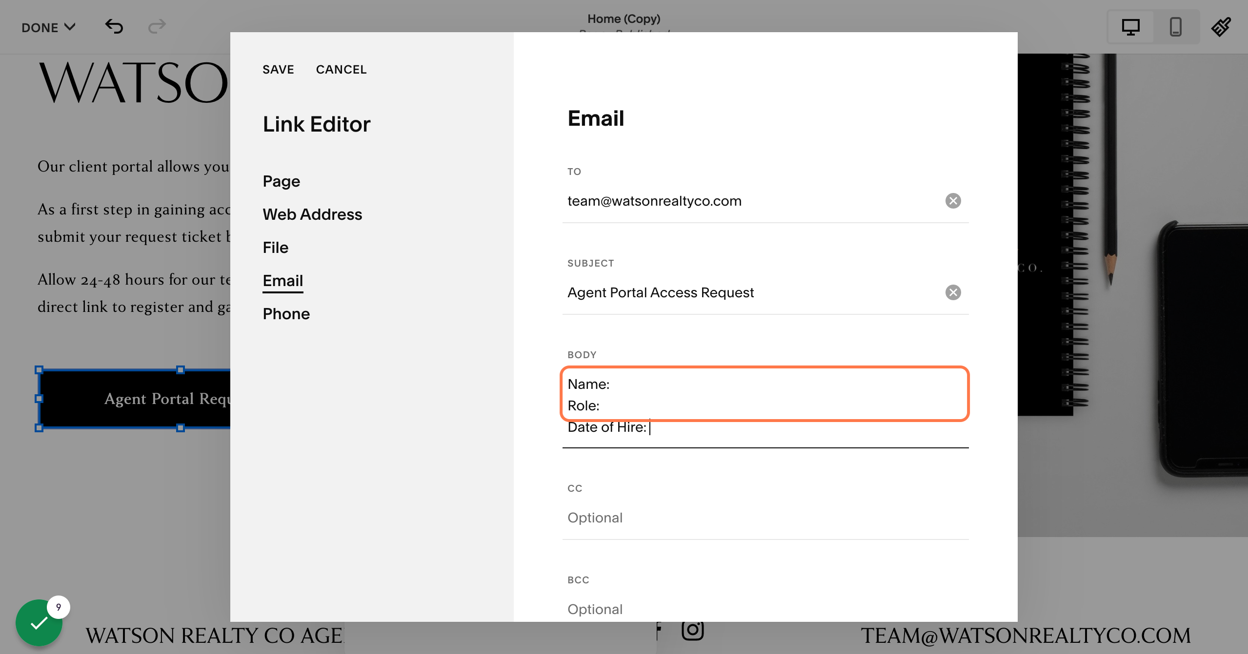 Type what you would like to show in the body of the email (Example: "Name: Role: Date of Hire: ")