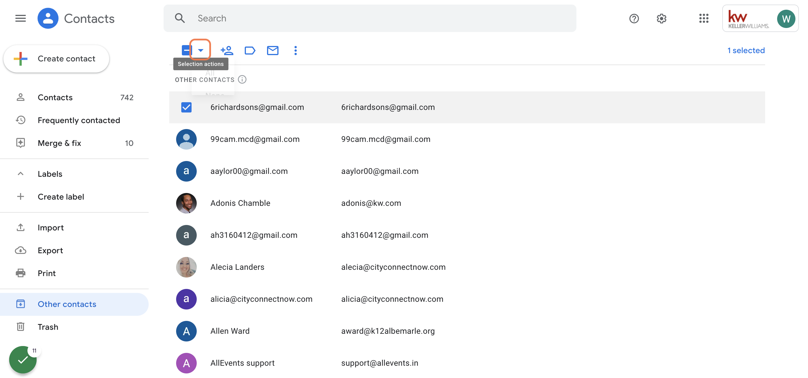 Click on Selection actions