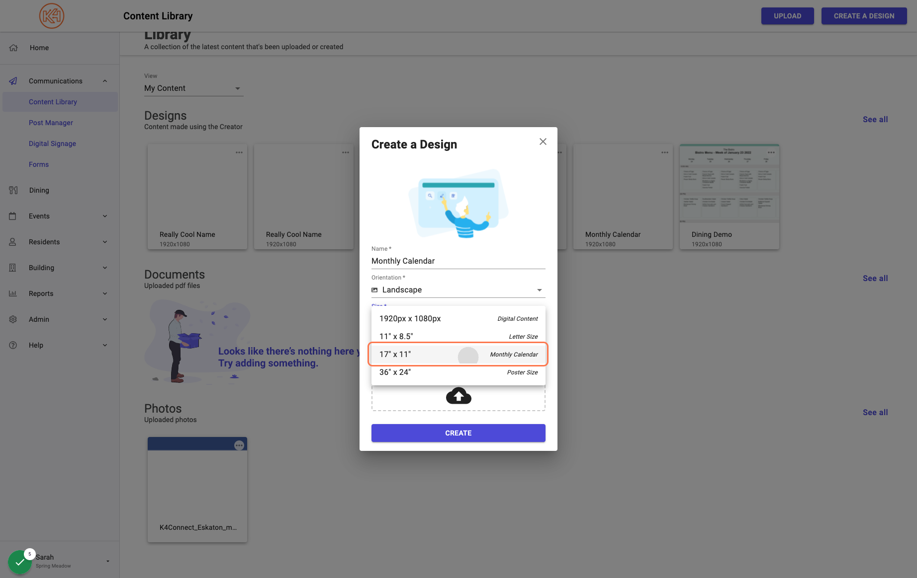 Select the "Monthly Calendar" size