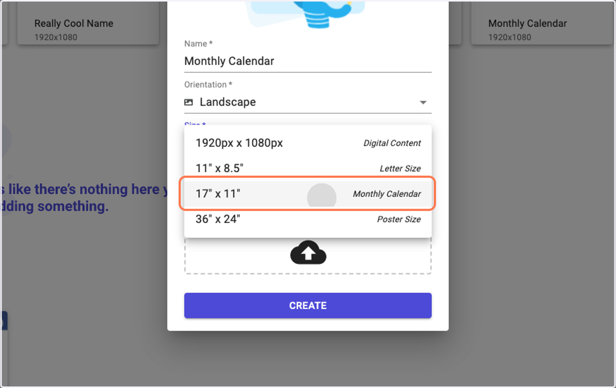 Select the "Monthly Calendar" size
