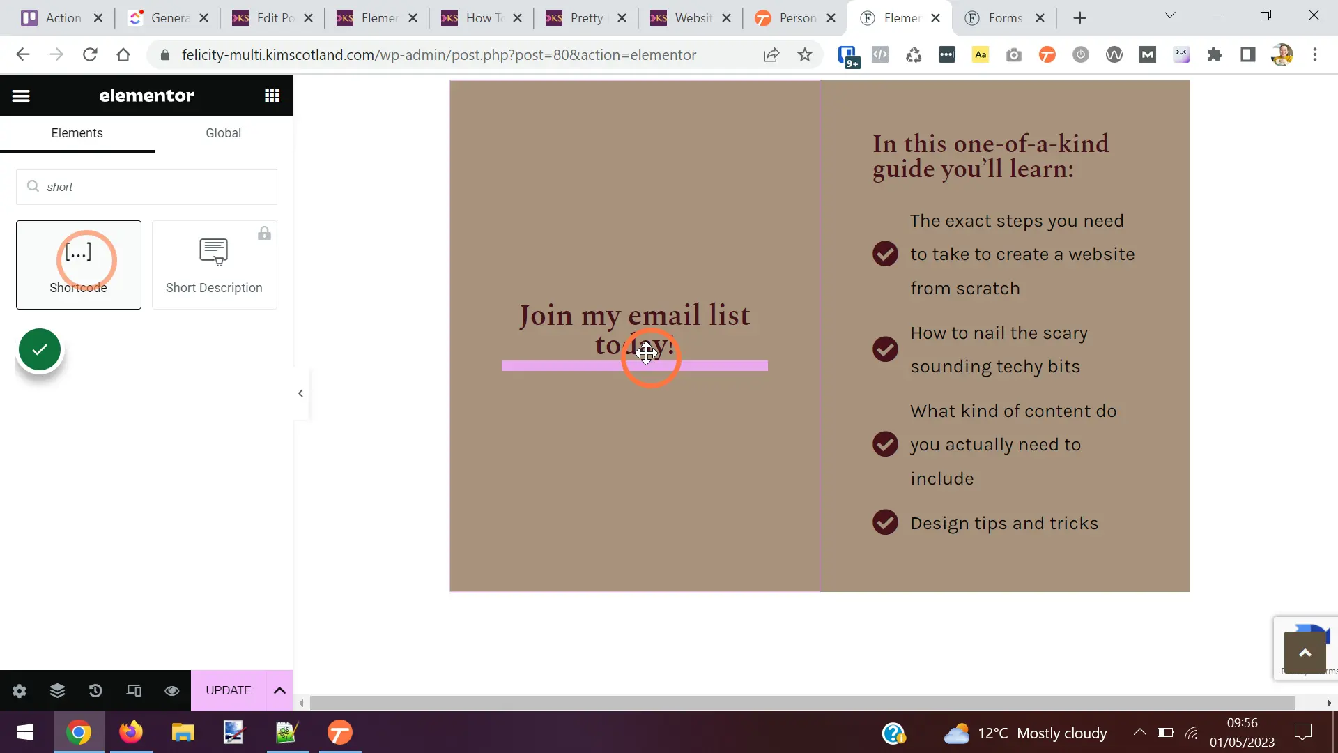 The user dragging the shortcode element onto the main screen.