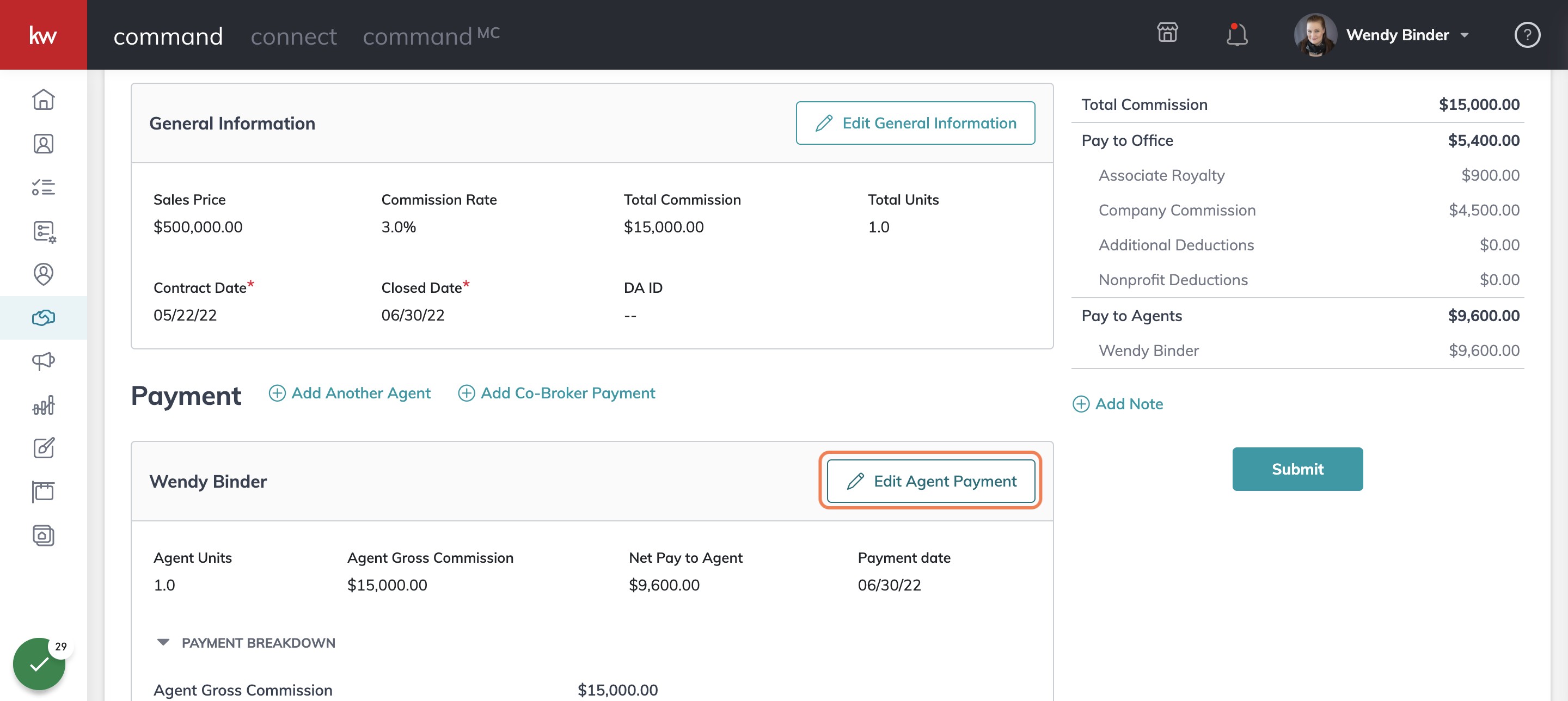 If you have a referral - Click on Edit Agent Payment