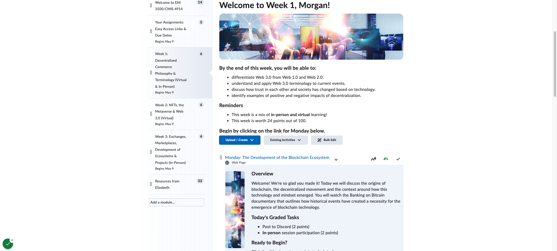 Daily pages with description, graded tasks and instructions to begin
