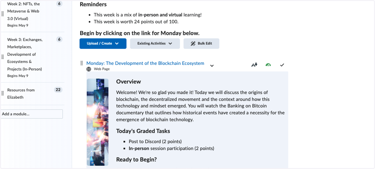 Daily pages with description, graded tasks and instructions to begin