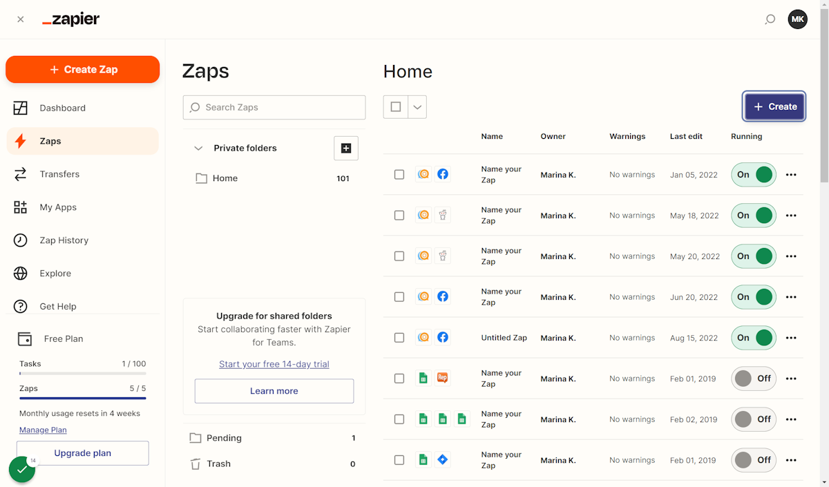 Click on Create a Zap from the Zapier Dashboard