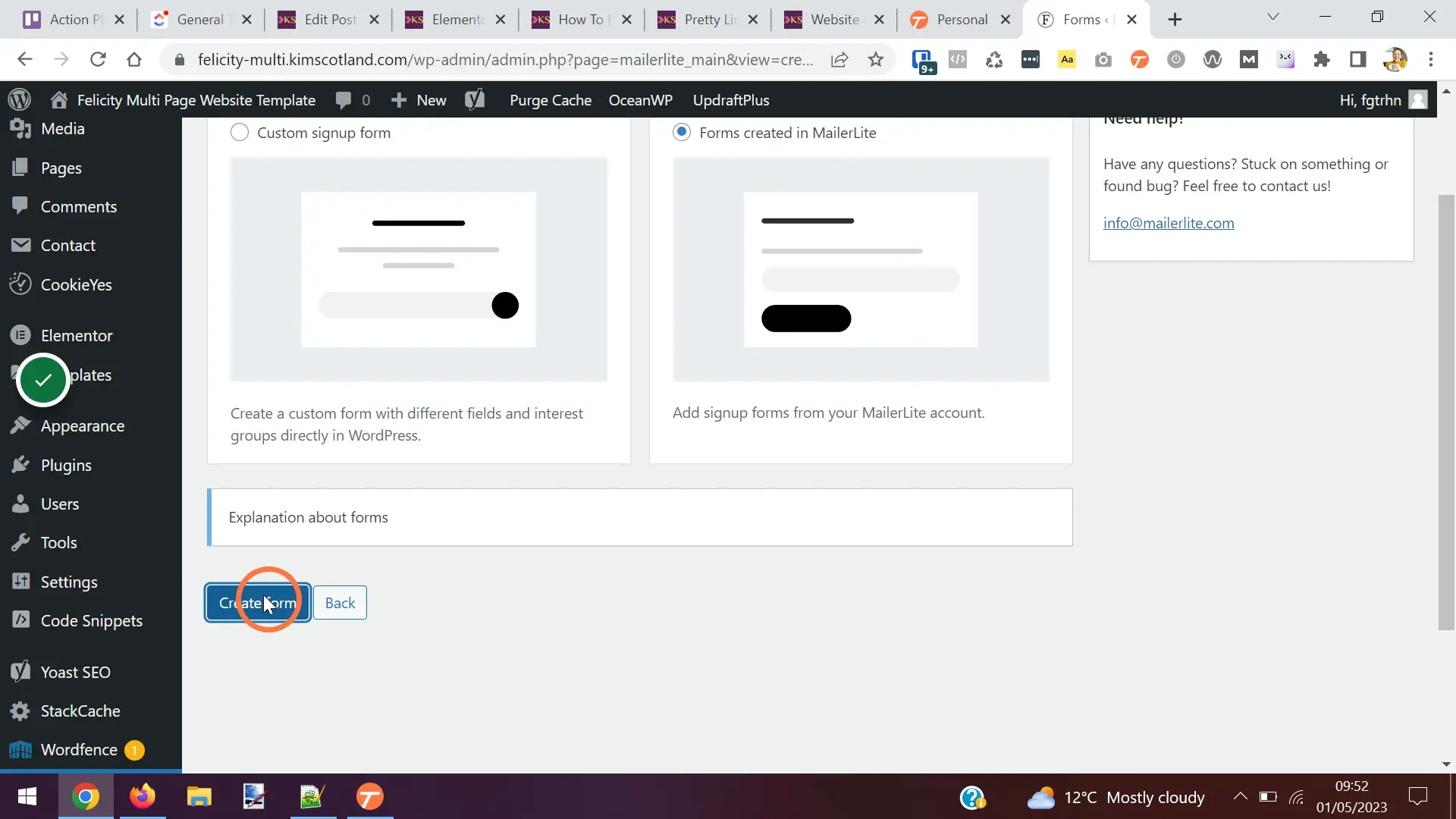 The user clicking the create form button.