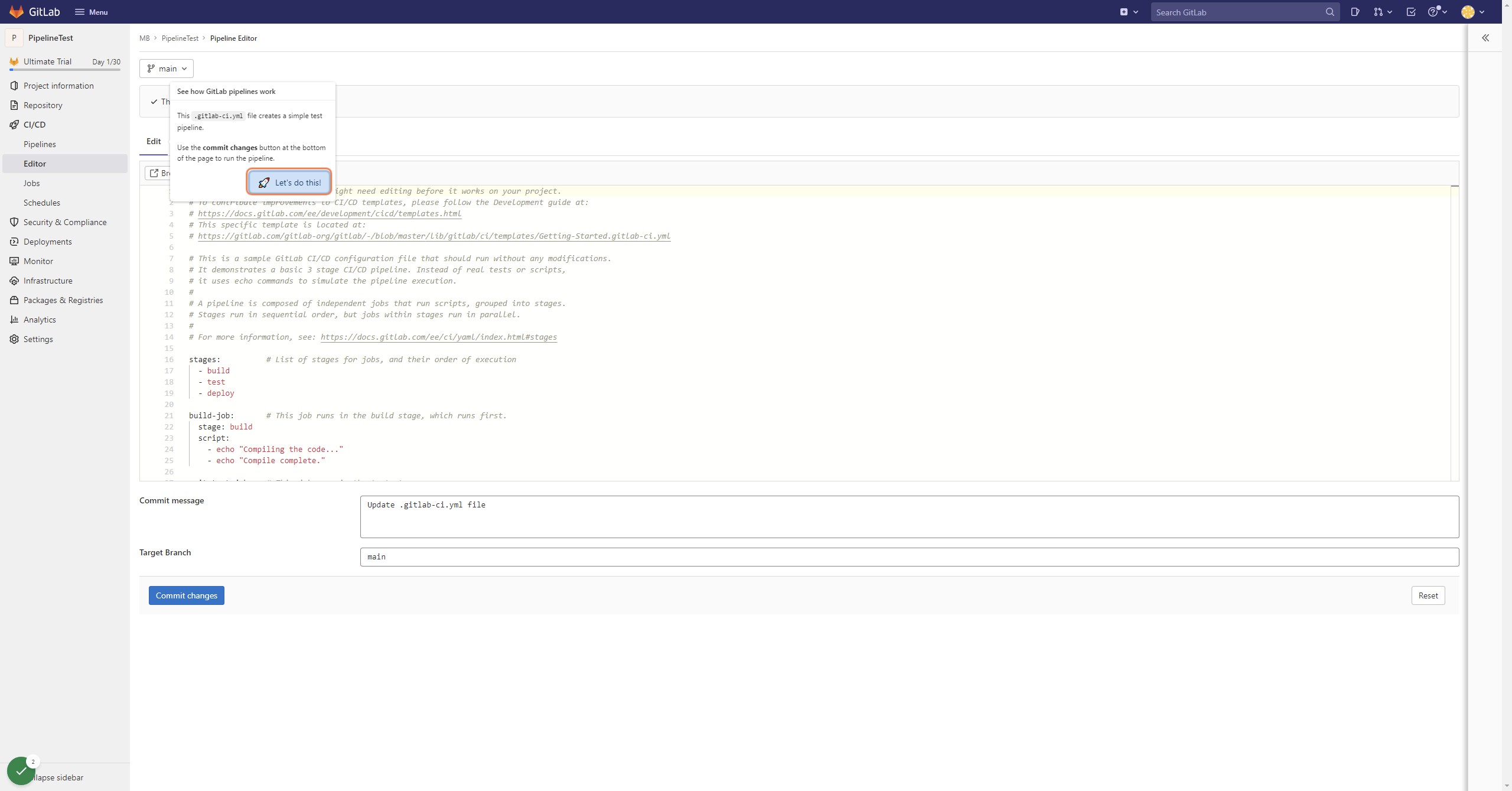 Click on 🚀 Let's do this! Paste the configuration from below or just use the mergebase stage.