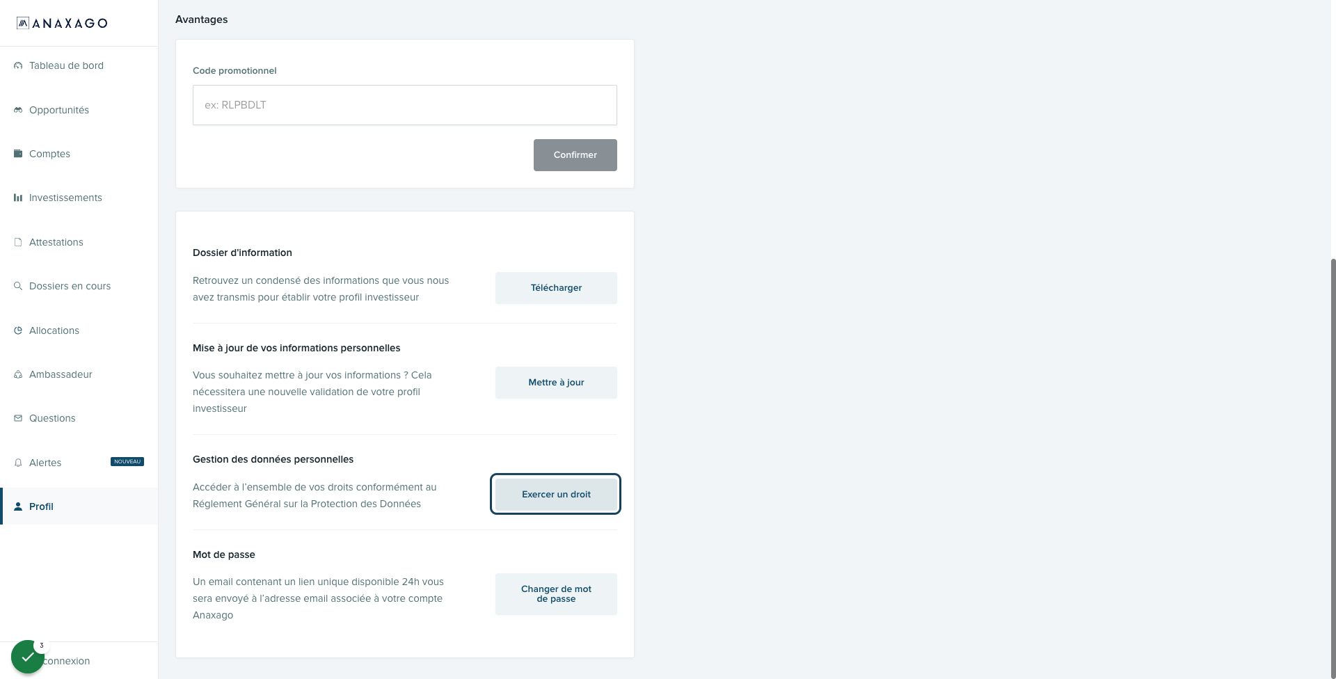 Cliquer sur le bouton "Exercer un droit".
