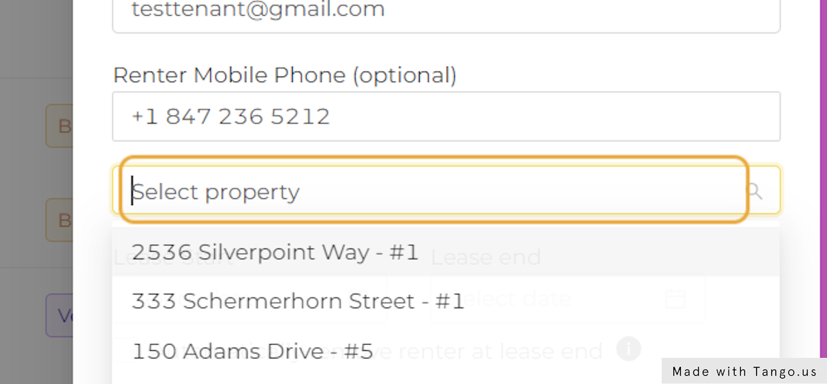 Select the property. Only vacant properties will be listed in the drop down menu.