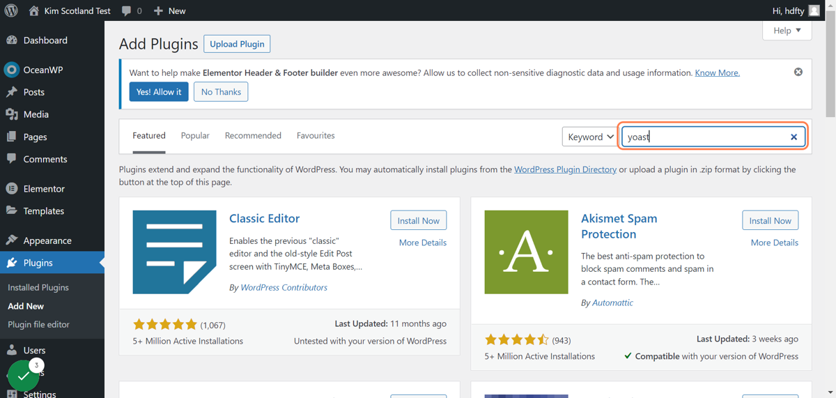 Screenshot of the user typing Yoast into the search box on the Add New Plugins screen.