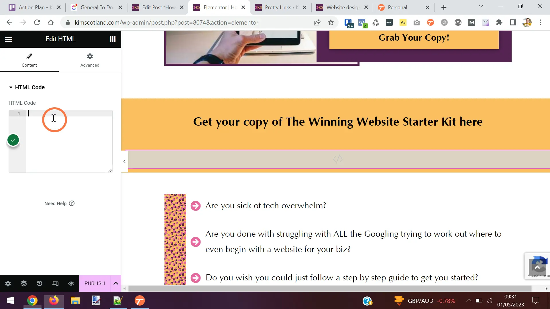 The user clicking on the HTML Code text area in the Elementor options panel for the HTML element.
