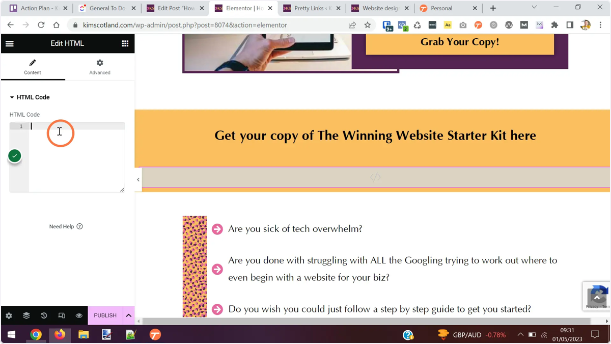 The user clicking on the HTML Code text area in the Elementor options panel for the HTML element.