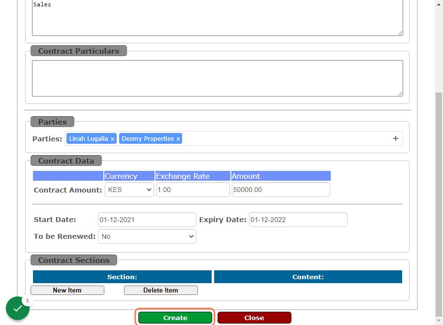 Contract request form will pop out, review it then scroll down to Create button at the bottom page