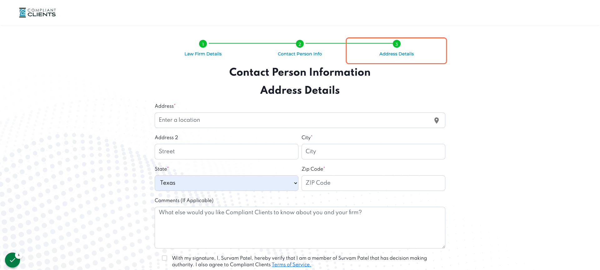 Create Law Firm Account: Enter Law Firm Address Details