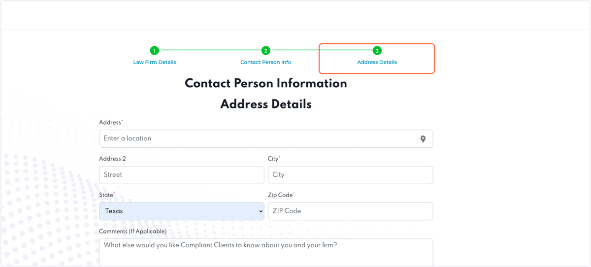 Create Law Firm Account: Enter Law Firm Address Details