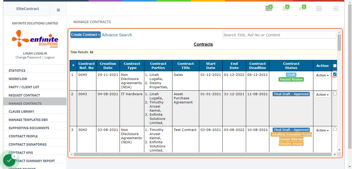 Go to the specific contract with the status (draft passed review) select it by clicking on the check box against it