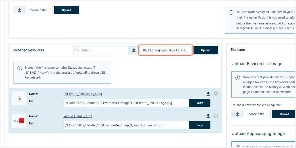 Select resources to upload