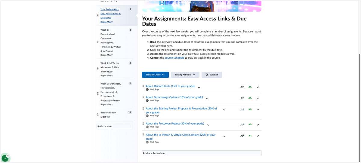 "Easy Access" module with assignment information and links