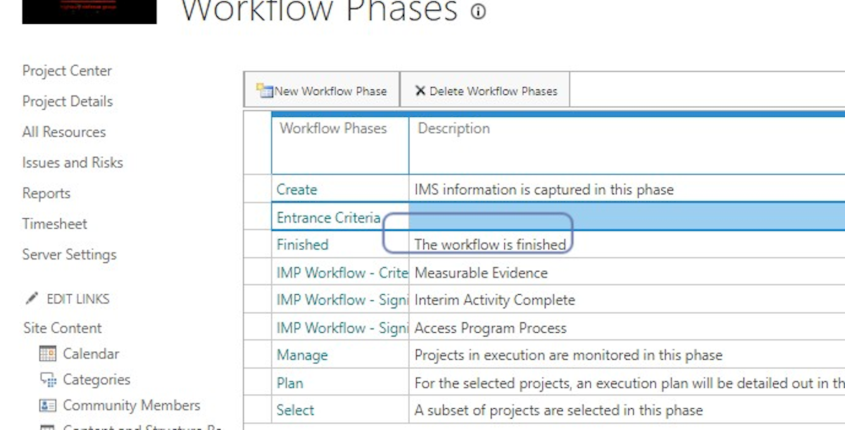 Highlight Entrance Criteria to show you have successfully created a workflow phase