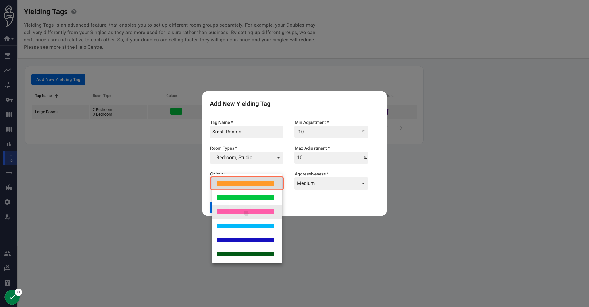 Assign a colour to the "Small Rooms" Yielding Tag.