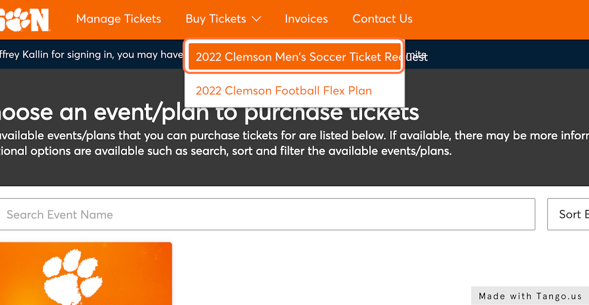 Click on 2022 Clemson Men's Soccer Ticket Request