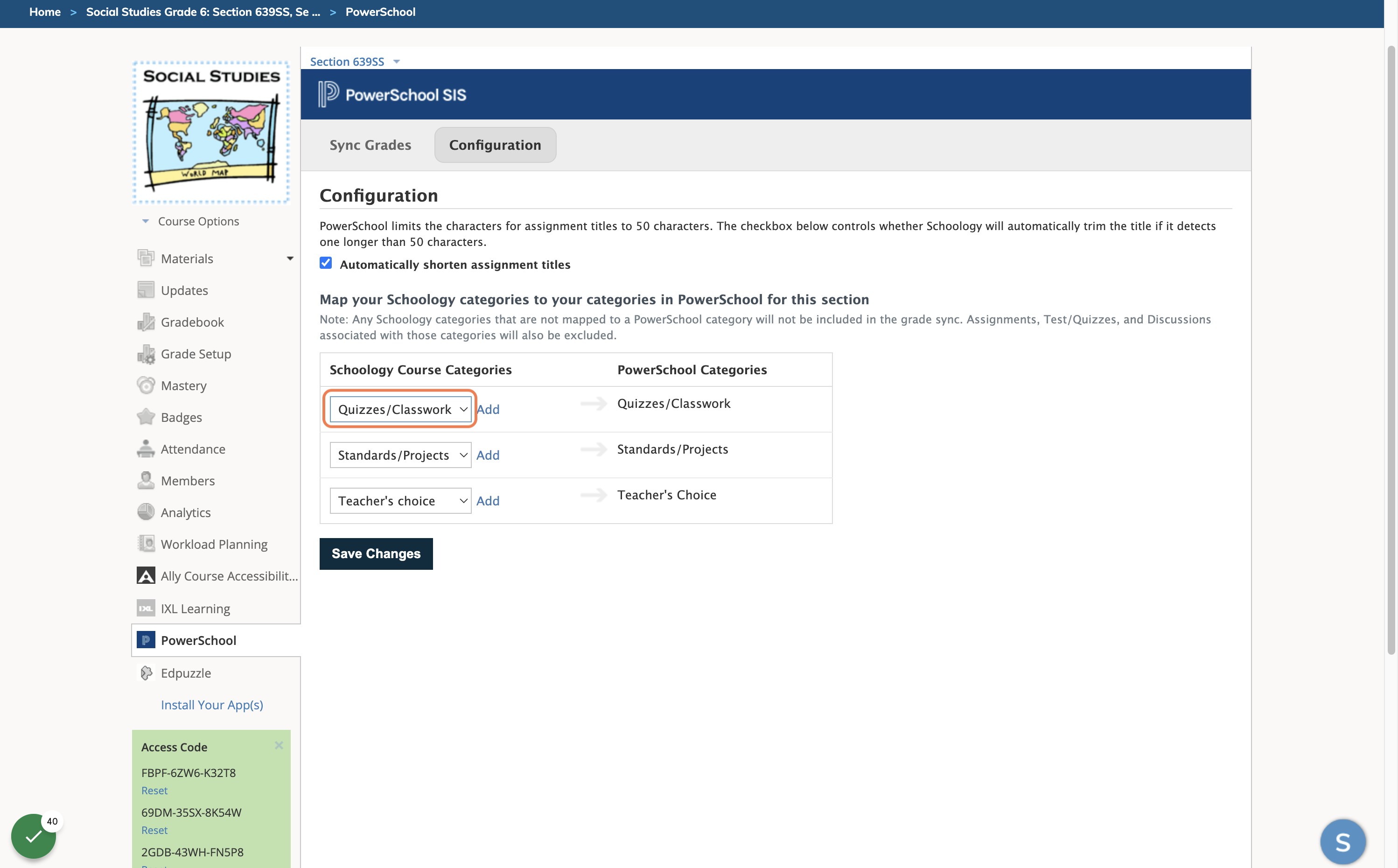 Match your Schoology categories to the PowerSchool categories