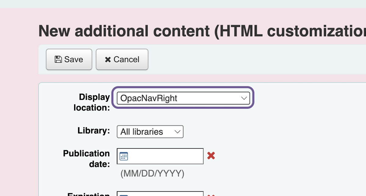 Click on OpacNavRight from Display location: