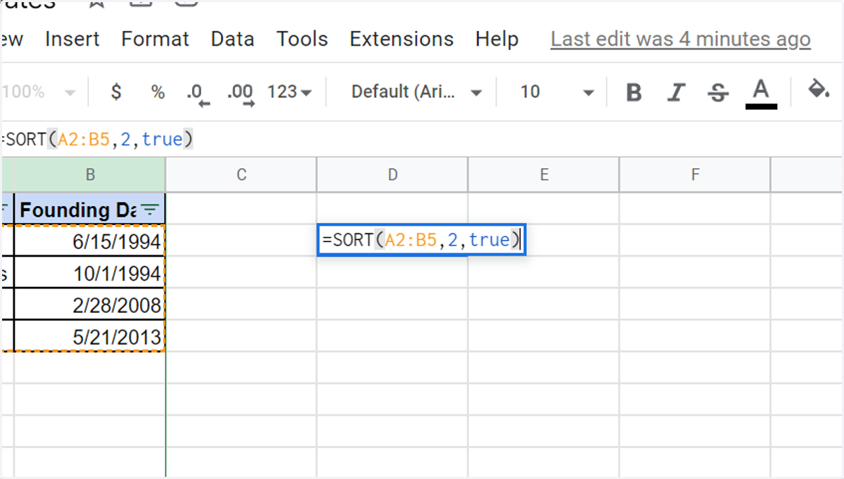 Add the position of your column to sort within your range and define order (ascending or not)