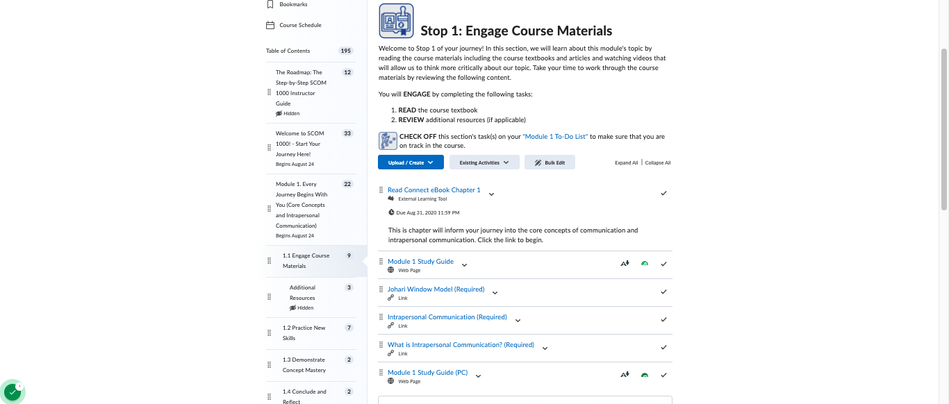 Module Component 1: Example of "Stop 1: Engage Course Materials" featuring icons to indicate a sub-module, action items and links to content