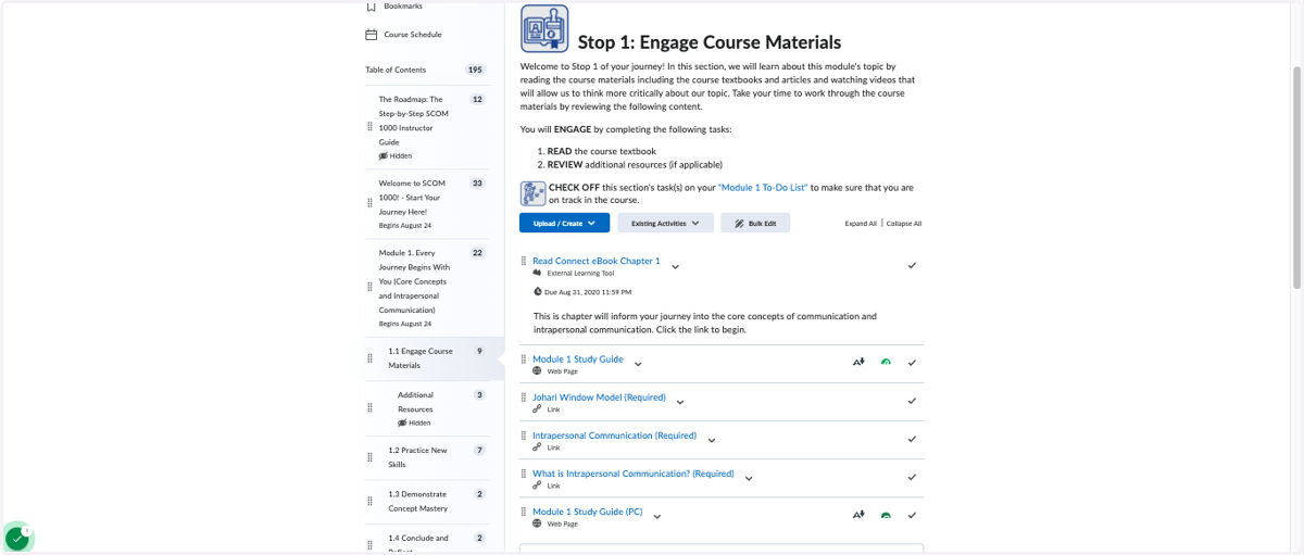 Module Component 1: Example of "Stop 1: Engage Course Materials" featuring icons to indicate a sub-module, action items and links to content