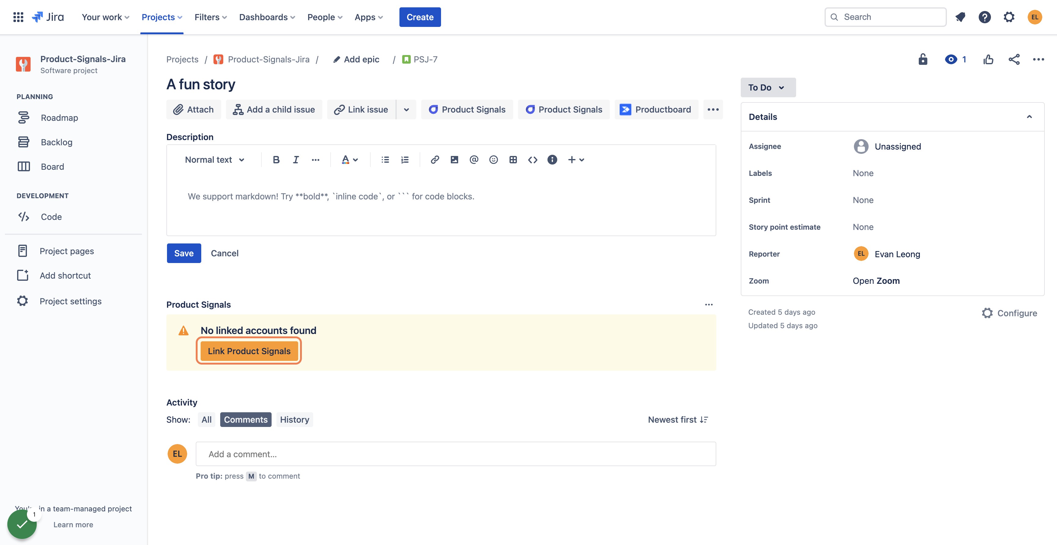 In an issue, select Product Signals and you should see a button to Link a Product Signals Account