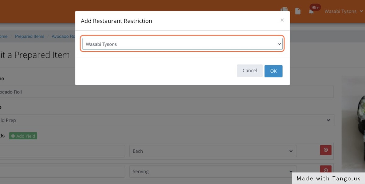 Select the restaurant you want to restrict the recipe to (note, you can select multiple restaurants)