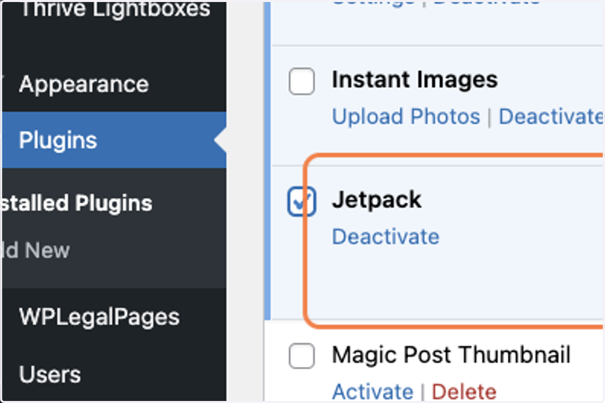 Check Select Jetpack - the next WORDPRESS PLUG IN that I want to delete.