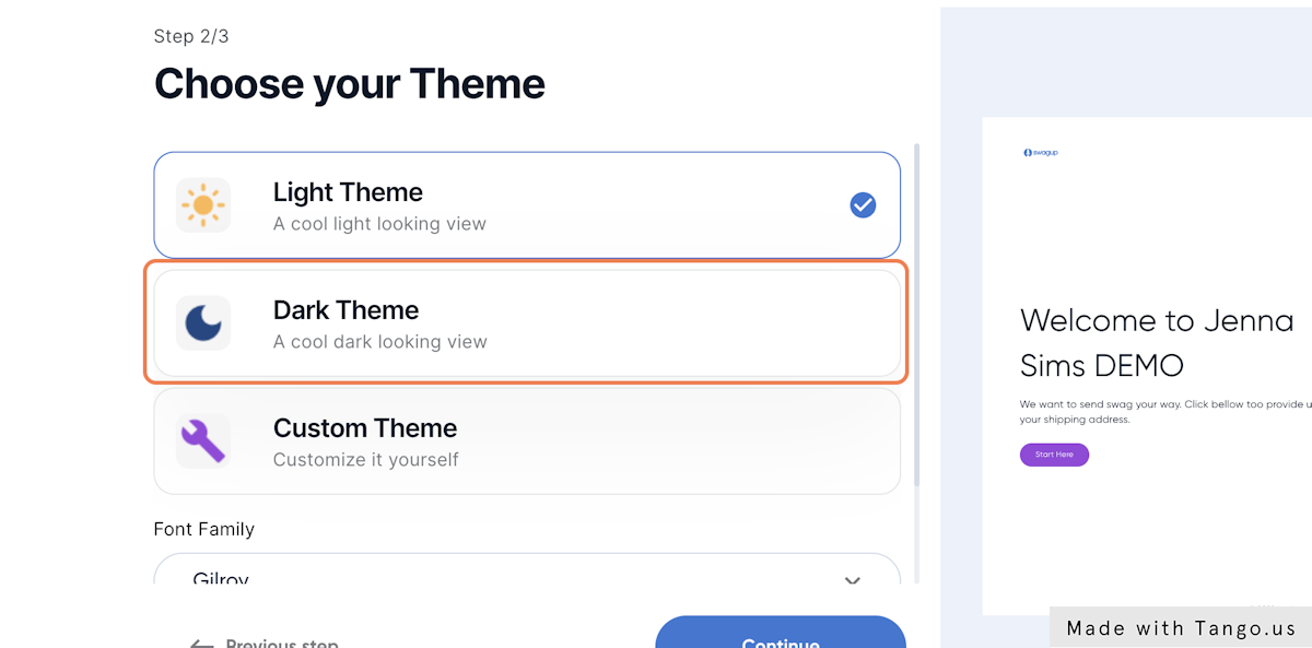 Choose or create the theme for your landing page