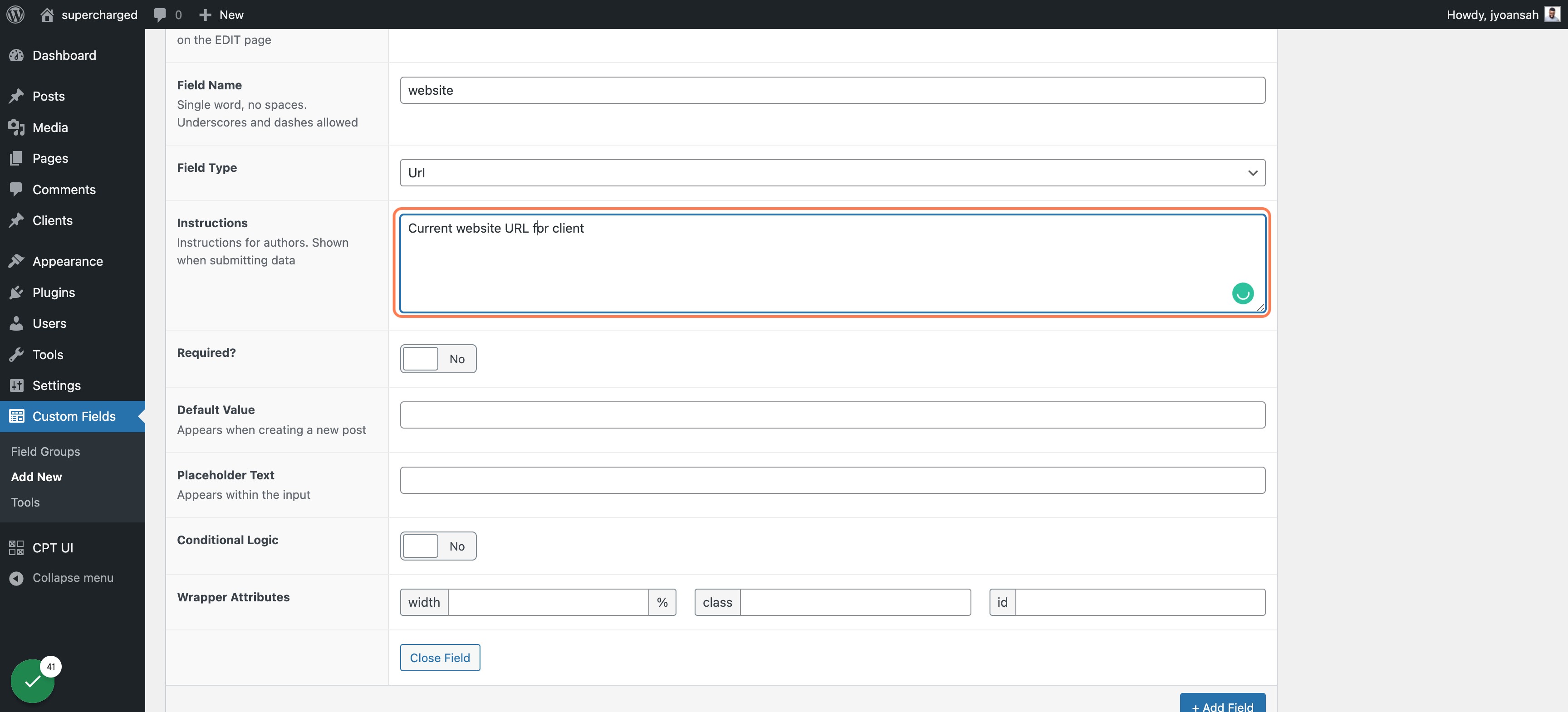 Type "Current website URL for client"