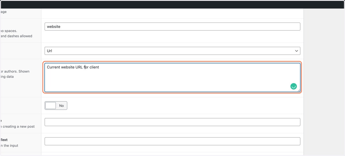 Type "Current website URL for client"