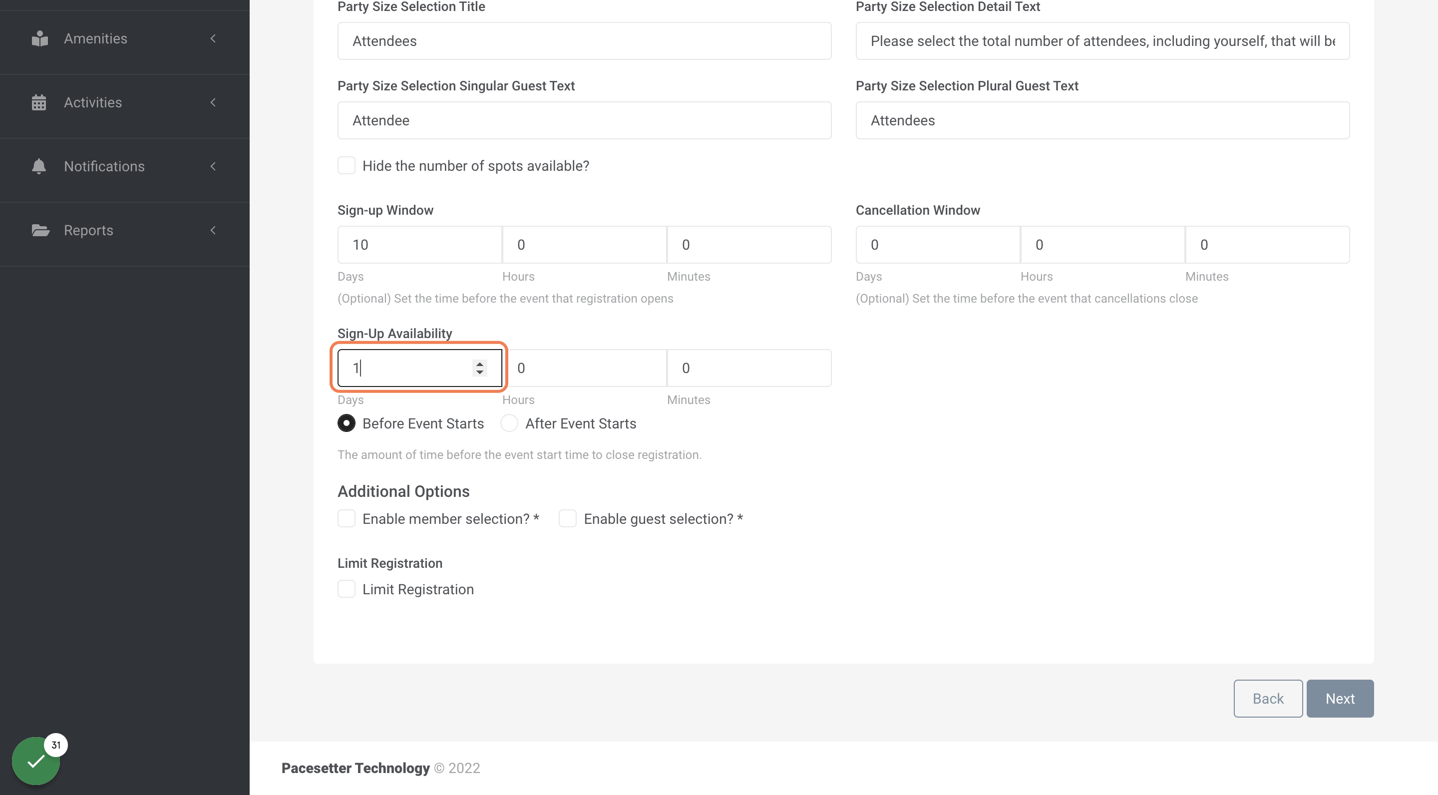 Select Sign-Up Availabilty