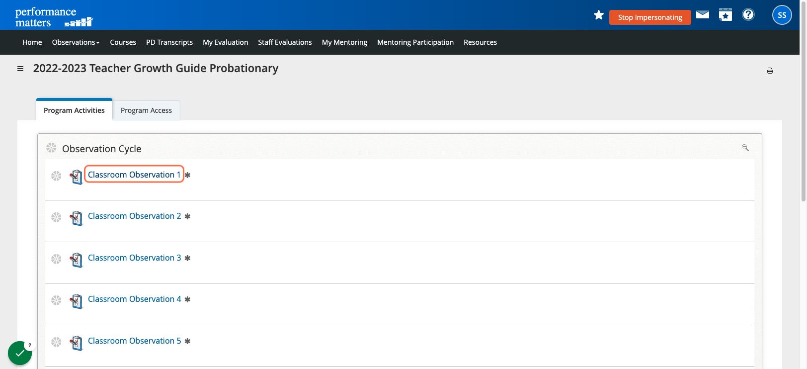 To view Observations, click on Classroom Observation