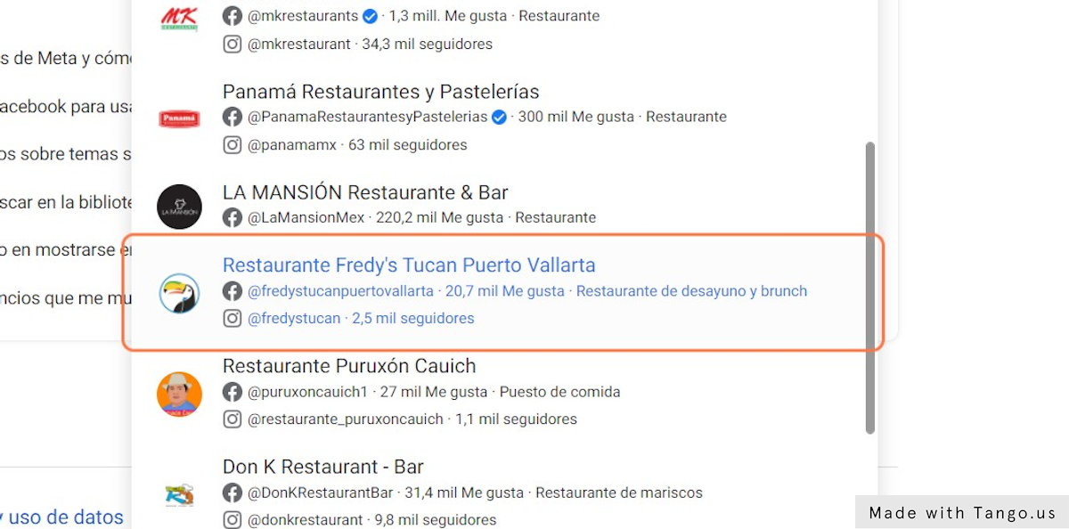 En este ejemplo, hicimos Click en Restaurante Fredy's Tucan Puerto Vallarta